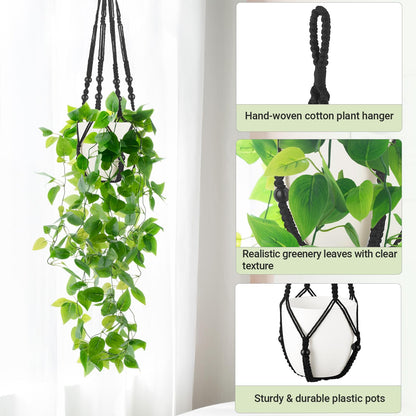 Mkono Fake Hanging Plant with Pot, Artificial Plants for Home Decor Indoor Macrame Plant Hanger with Fake Vines Faux Hanging Planter Greenery for Bedroom Bathroom Kitchen Office Decor (1, Black)