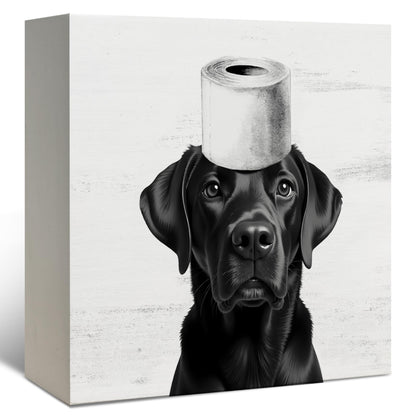 DAYOUER Black Labrador Bathroom Decor, Black Labrador Themed Gifts Wooden Box Sign, Funny Dog Wood Signs for Bathroom Toilet Restroom Counter Shelf Wall Decoration 5x5 Inch