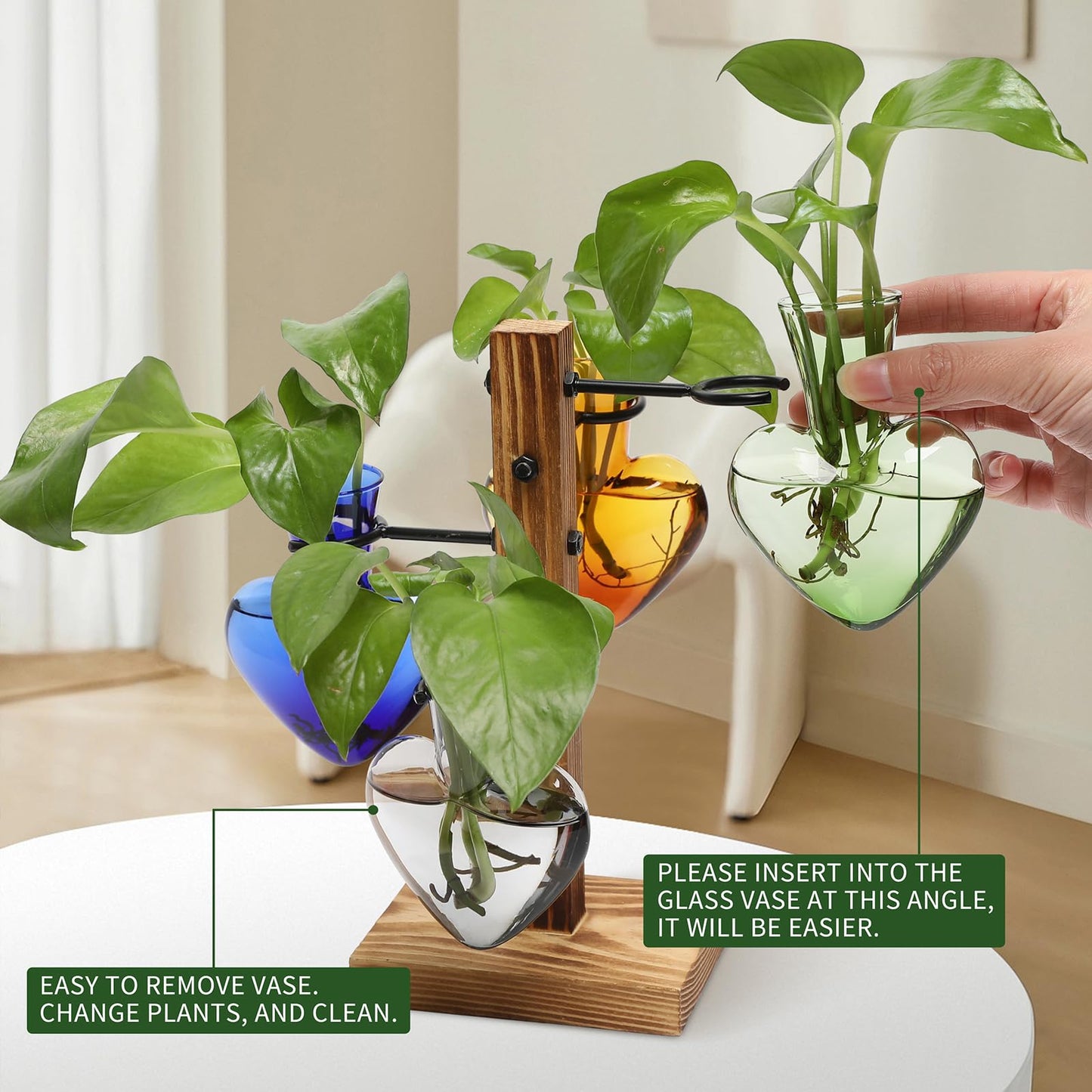 CYZglass Plant Terrarium Propagation Stations with Wooden Stand, Glass Vase for Indoor Hydroponics Home Garden Office Decoration Gift for Women - 4 Love Bulb Vase