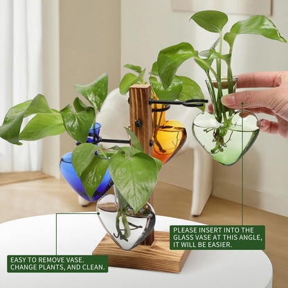 CYZglass Plant Terrarium Propagation Stations with Wooden Stand, Glass Vase for Indoor Hydroponics Home Garden Office Decoration Gift for Women - 4 Love Bulb Vase