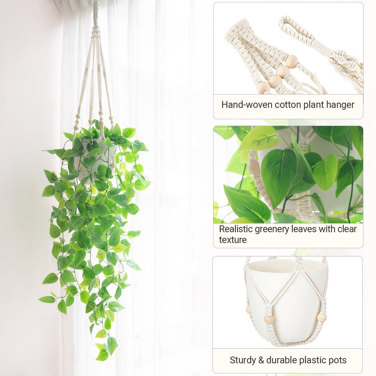 Mkono Fake Hanging Plant with Lights, Artificial Plants for Home Decor Indoor Macrame Plant Hanger with Fake Vines Greenery for Bedroom Bathroom Kitchen Office Decor (1)