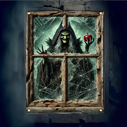 Tomhong Halloween Window Cover 31x47 Inch Witch Holding Apple Cobweb Horror WindowBanner Holiday Decoration Haunted House Indoor Outdoor Spooky Wall Decor