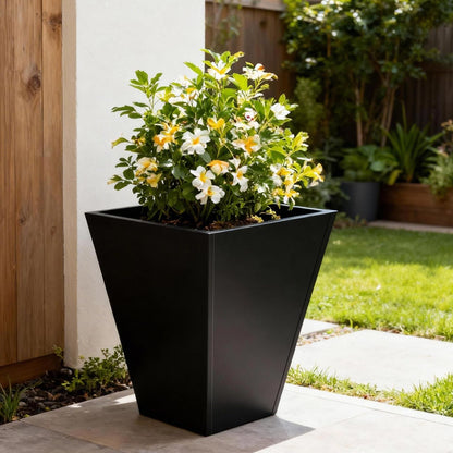 DYNAMI Black Tall Planter for Outdoor Plants,16in W Modern Large Planter Pot with Drainage Hole,Metal Square Flower Pot,for Porch,Garden, Patio, Yard (Black, 16 * 16 * 18in)