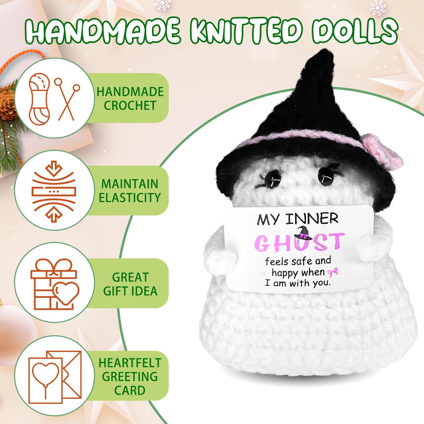 Halloween Boho Ghost Gifts Set with Glass Cup & Dolls, 16oz Fall Glass Cup with Lid and Straw, Crochet Ghost Doll with Positive Card Perfect for Thanksgiving Halloween Fall Spooky Gifts