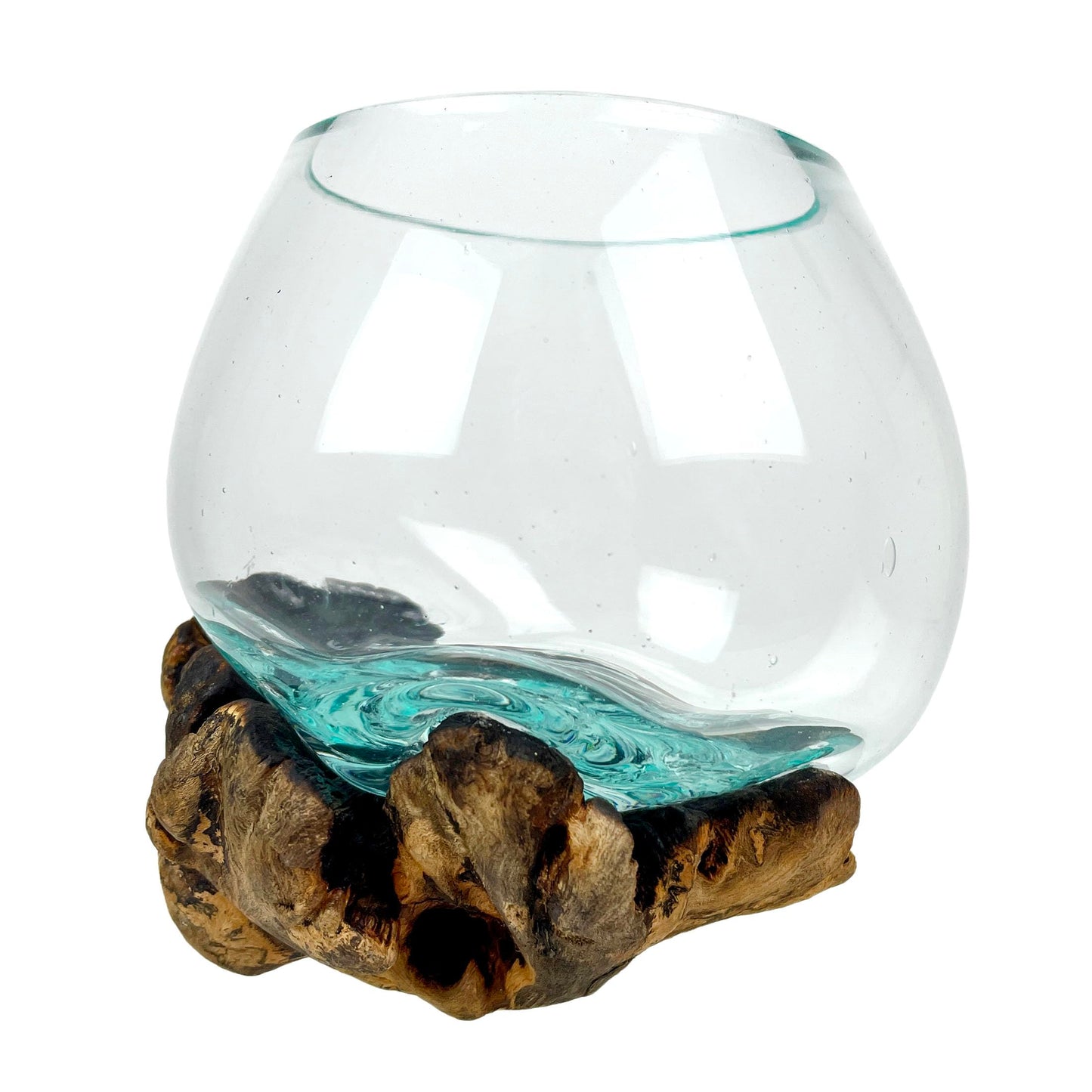 Melted Glass on Gamal Root Wood Decorative Bowl, Vase, and Terrarium Planter - Approximately 5 Inches High - Nature-Inspired Artistry for Home and Garden