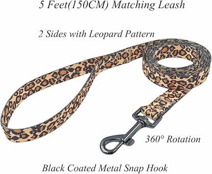 Dog Collar Leash Set, Leopard Pattern, Polyester Material, Adjustable Collar and 5ft Matching Leash, for Puppy Dogs.(XS, Brown Leopard)