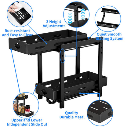 BOIVSHI Pull Out Spice Rack Organizer, 2-Tier Vertical Spice Rack, Height Adjustable for Kitchen Cabinet (5.3''Wx10.8''Dx9.2''H, Metal Black)