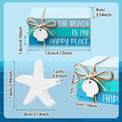 Pinkunn 4 Pcs Summer Table Coastal Theme Decorations Wooden Beach Starfish Stacked Book Sign Nautical Tiered Tray Signs & Plaques for Tabletop Shelf Mantel Office Beachy Room Decor