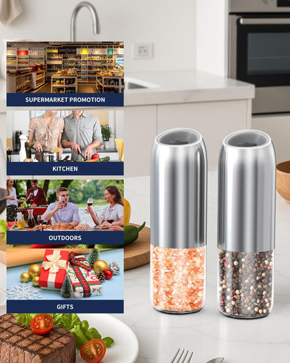 CIRCLE JOY Gravity Electric Salt and Pepper Grinder Set Battery Powered Stainless Steel Pepper Mill Grinder with 176ml Container, Adjustable Coarseness, Bright LED Light and One Hand Operation, Silver