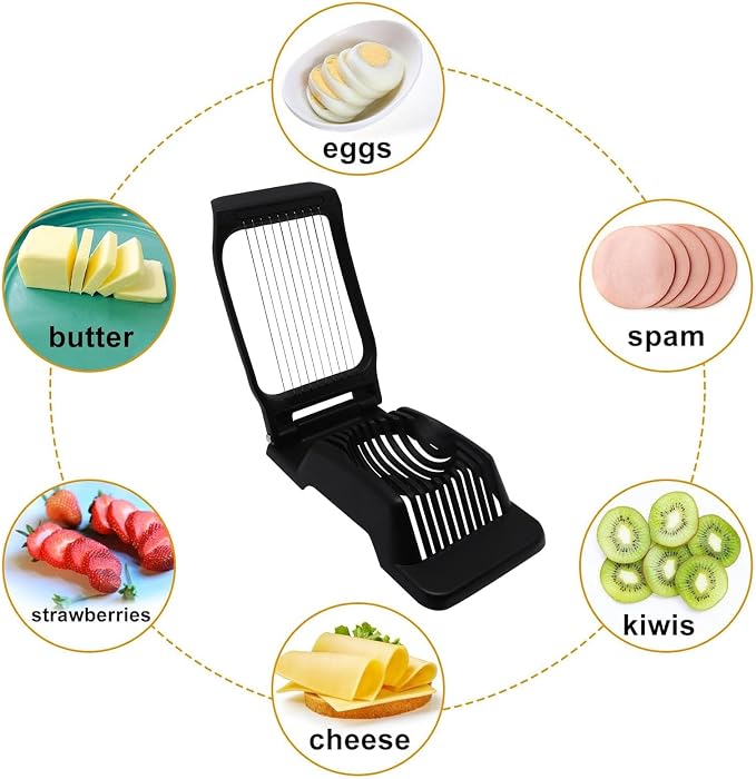 Egg Slicer for Hard Boiled Eggs, Food Slicer with 10 Stainless Steel Wires, Aluminum Alloy Heavy Duty Hard Boiled Egg Cutter for Soft Fruit Strawberry Butter Kiwi Home Use (1Pcs, Black)