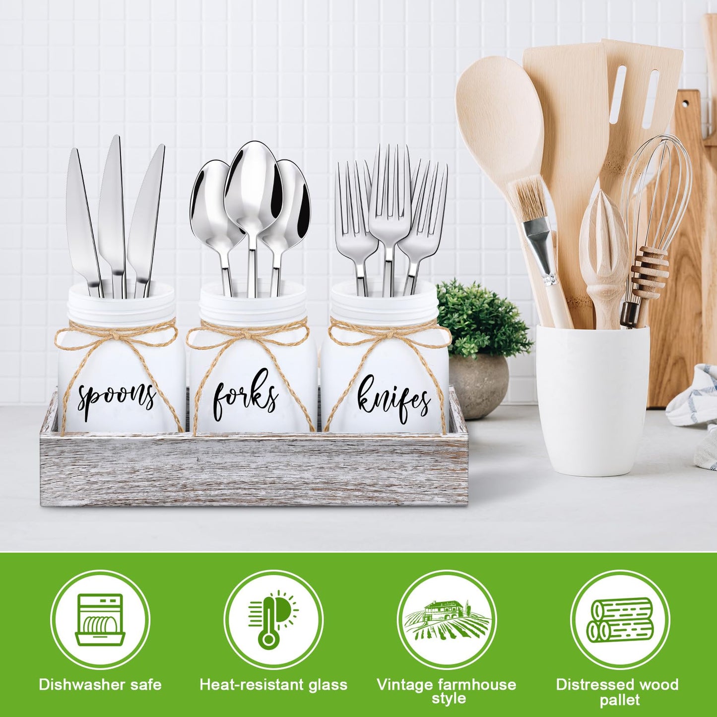 Tiangrid 4 Pcs Silverware Utensil Holder Mason Jar with Wooden Utensil Organizer for Kitchen Countertop Forks Spoons Knives Storage White Farmhouse Kitchen Caddy Glass Cooking Decor for Party