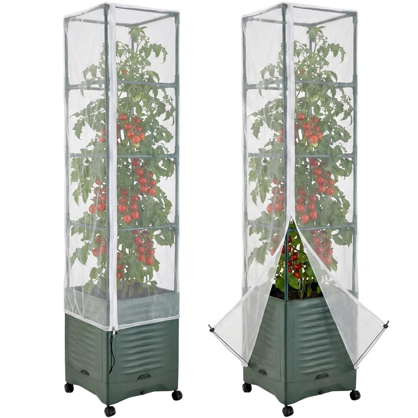 2 Pcs Garden Bird Netting Plant Cover for Square Tomato Cage, 59" x 17.7" Insect Bird Barrier Tomato Cage Net with Zipper & Drawstring, Tomato Trellis Netting Protection Cover for Protecting Plants