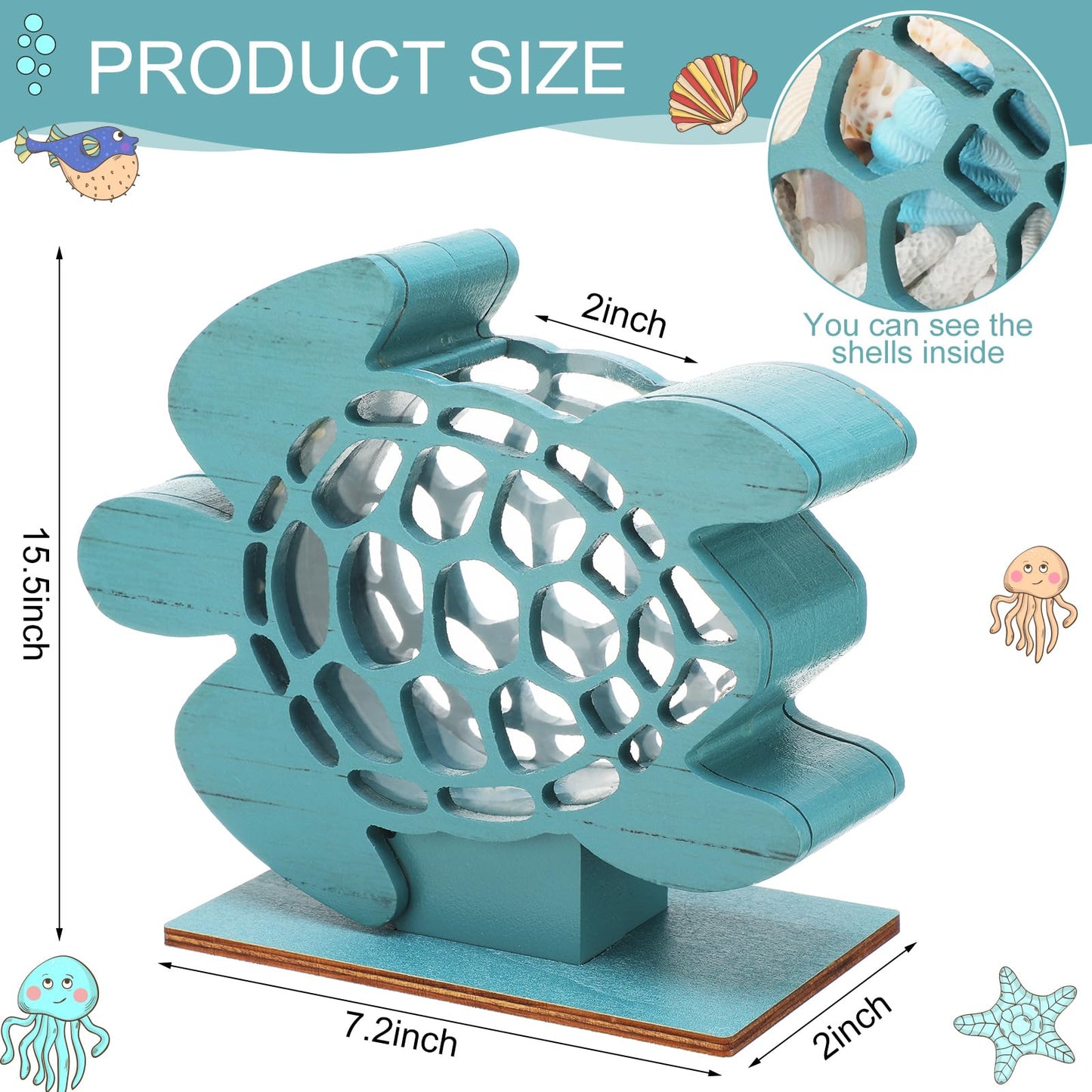 CroBlissful Green Sea Turtle Seashell Holder Seashell Display Box Wooden Small Starfish Shell Display Case with Acrylic Clear Window Shark Tooth Collection Box for Shells Sea Rock Home Decor Present
