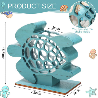 CroBlissful Green Sea Turtle Seashell Holder Seashell Display Box Wooden Small Starfish Shell Display Case with Acrylic Clear Window Shark Tooth Collection Box for Shells Sea Rock Home Decor Present