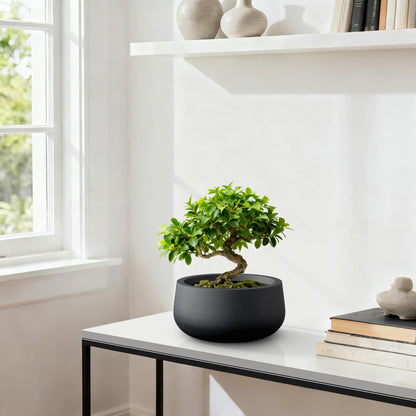 Kante 15.7" Dia Round Concrete Planter, Outdoor Indoor Garden Plant Pots with Drainage Hole and Rubber Plug, Modern Curvaceous Design, Black