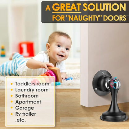 Door Stoppers Magnetic Door Catch - Stainless Steel Heavy Duty Door Holder Stops for Bottom Top of Door - Wall Floor Mounting No Drill 3D Adhesive & Screws Strong Magnet Keep Door Open 4 Pack