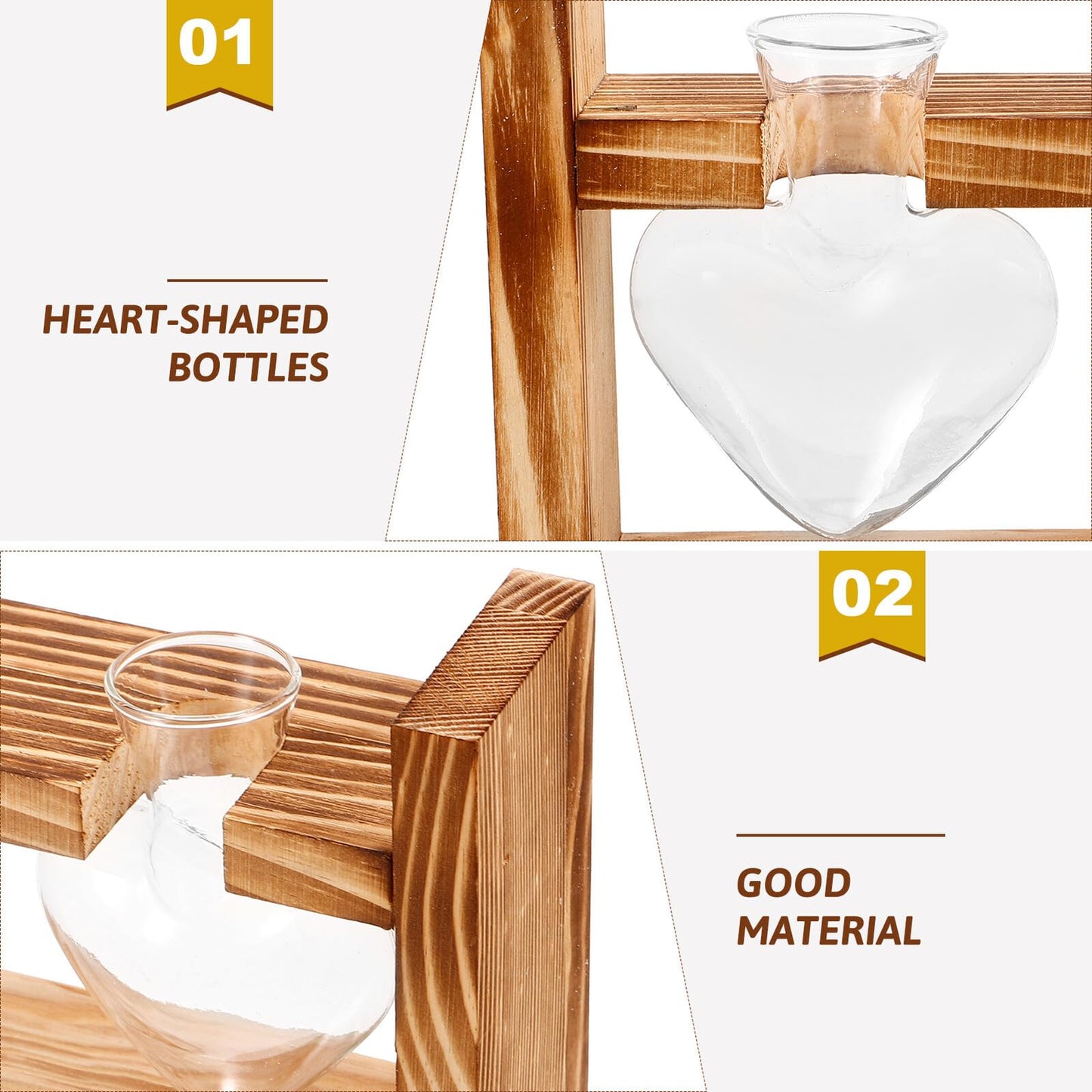 SUPVOX Wooden Stand Glass Heart-Shaped Vase for Indoor Plants, Hydroponic Terrarium Planter, Tabletop Decor Set with 2 Glass Vessels, Suitable for Home and Office