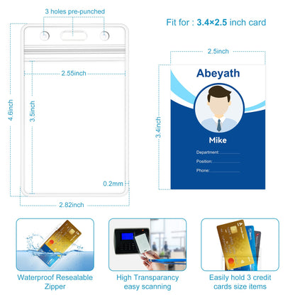 Abeyath 200 Pack Extra Thick ID Badge Holder Vertical Clear ID Card Holder with Waterproof Resealable Zip Name Tag Holder for Nurses, School and Office（ 2.25x3.5Inch）