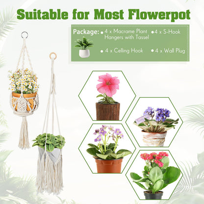 Wovnet 4 Packs Macrame Plant Hangers Indoor Crochet Hanging Plant Holder with Tassels Hanging Planters for Indoor Boho Hanger with 4 S Shaped Hooks for Home Decor Window Flower Pot (White)