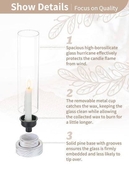 NUPTIO Dripless Candlestick Holders with Wax Catchers for Easy Cleaning: Set of 2 Hurricane Glass Candle Holders with Metal Bobeches - White Wood Farmhouse Home Decor for Wedding Table Centerpiece