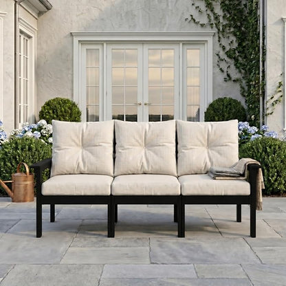 HDPE Outdoor Patio Furniture Set, 6-Piece Patio Conversation Sets with Coffee Table & Side Table & Beige Washable Thick Cushions, Outdoor Sofa for Balcony, Porch (Black Frame)