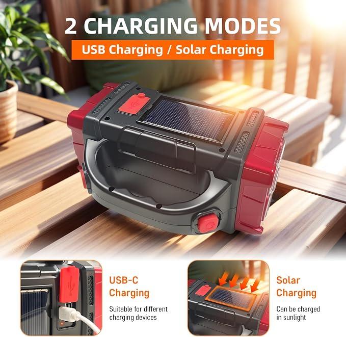 Solar Handheld Flashlight, 4 Lighting Modes Rechargeable LED Work Light, USB-C & Solar Powered Portable Lantern,Emergency Camping Light for Outdoor, Hiking, Power Outage (Red-2pcs)