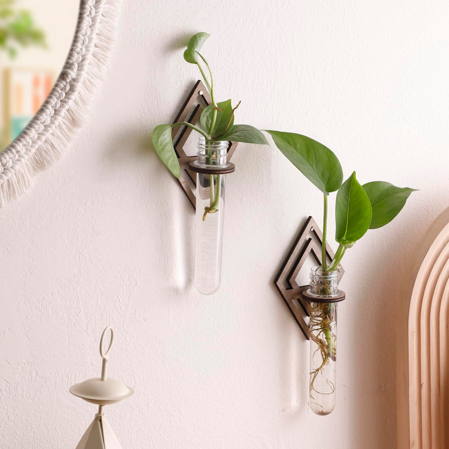 2 Pack Plant Propagation Station Wall Hanging Wooden Diamond Shaped Plant Terrarium for Hydroponics Home Office Decor Test Tube Propagate Air Plant Cutting Holder