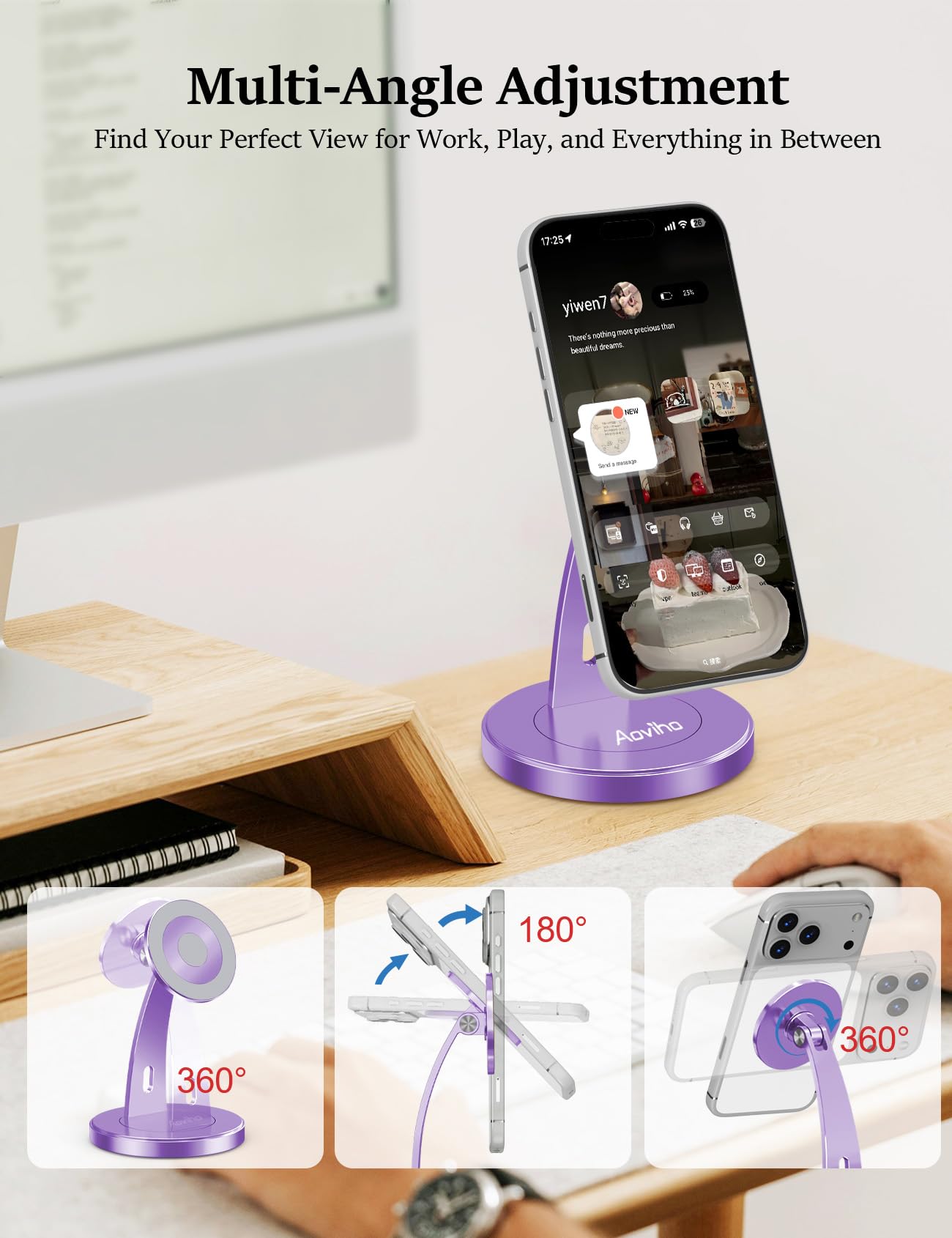 Aoviho Magnetic Phone Stand for Desk – 360° Rotating Aluminum Phone Holder, Stable Desk Stand for Office, Home & Kitchen, Compatible with iPhone 17 Pro Max 16–12 Series and MagSafe Cases, Purple