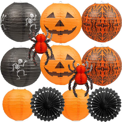 UNIQOOO 12Pcs Halloween Hanging Decorations Paper Lanterns, Jack-O'-Lantern Spider Skeleton Pumpkin for Indoor & Outdoor Spooky Home Decor, Party Supplies Props, 12" & 8" (Orange, Black)