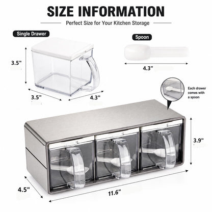 ZENFUN 3 Grids Seasoning Organizer Box, Stainless Steel Salt Container with Lid and Spoon, Seasoning Containers with Stainless Steel Rack for Home, Kitchen, Cafe, Storing Salt, Sugar, Pepper, Spice