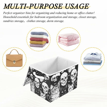 Tatenale Collapsible Storage Bins with Lids Decorative Fabric Storage Cubes Closet Organizer and Storage Basket Boxes Containers for Clothes Box Chest Folding Rectangle Halloween Cat Skull