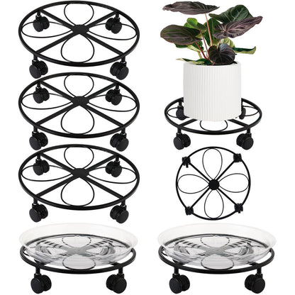 DEELF OUTLET 5 Packs 12 inches Large Metal Plant Caddy with Wheels Round Planter Dolly Pot Mover Rollers Wrought Iron Rolling Plant Stands Indoor Outdoor Wheeled Plant Holder Coaster Trolley, Black