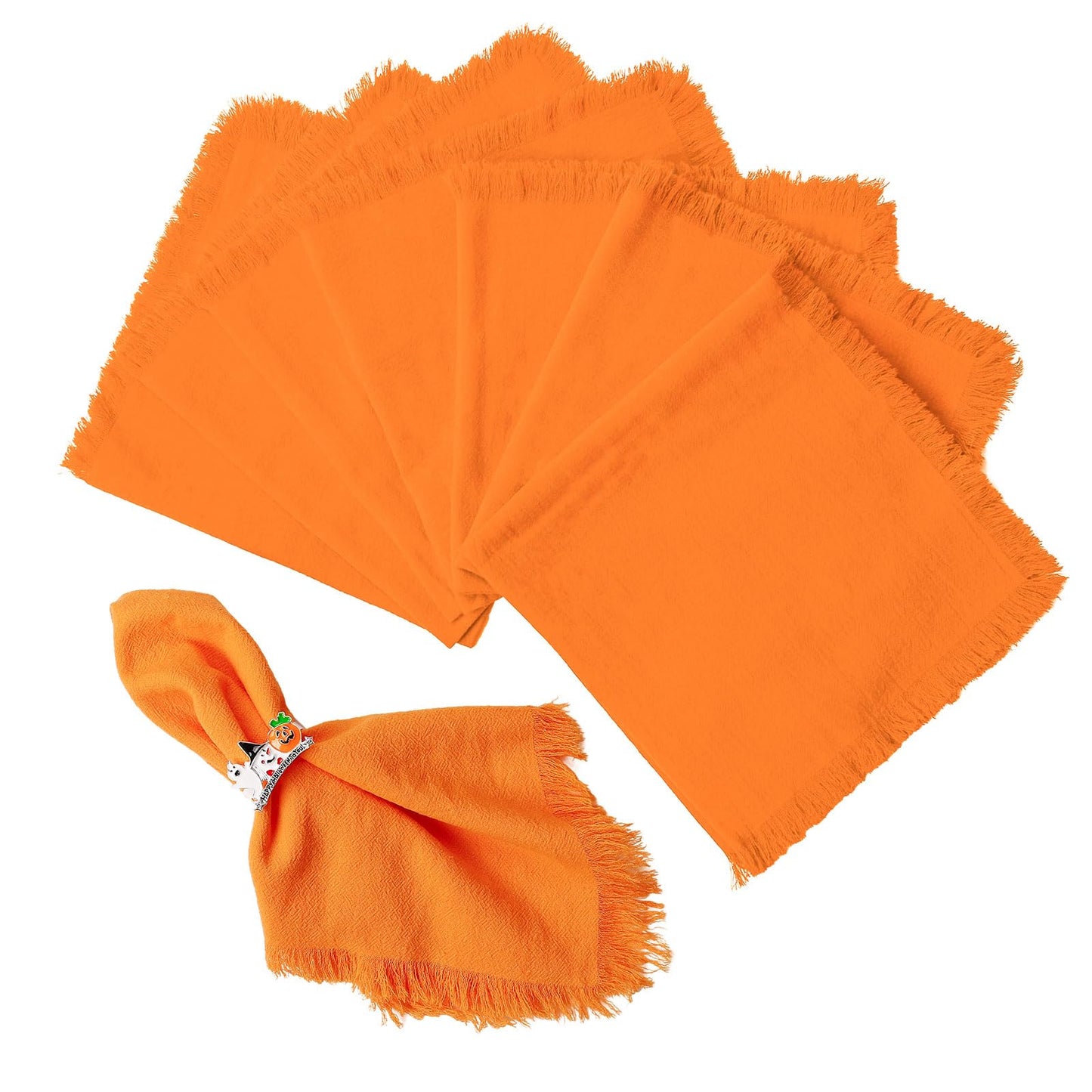 Thanksgiving Washable Cloth Napkins Bulk, Reusable Absorbent Soft Napkins Set of 8 with Elegant Fringe for Dinner, Weddings Decorations, Family Event Parties(8 Pack,Orange)