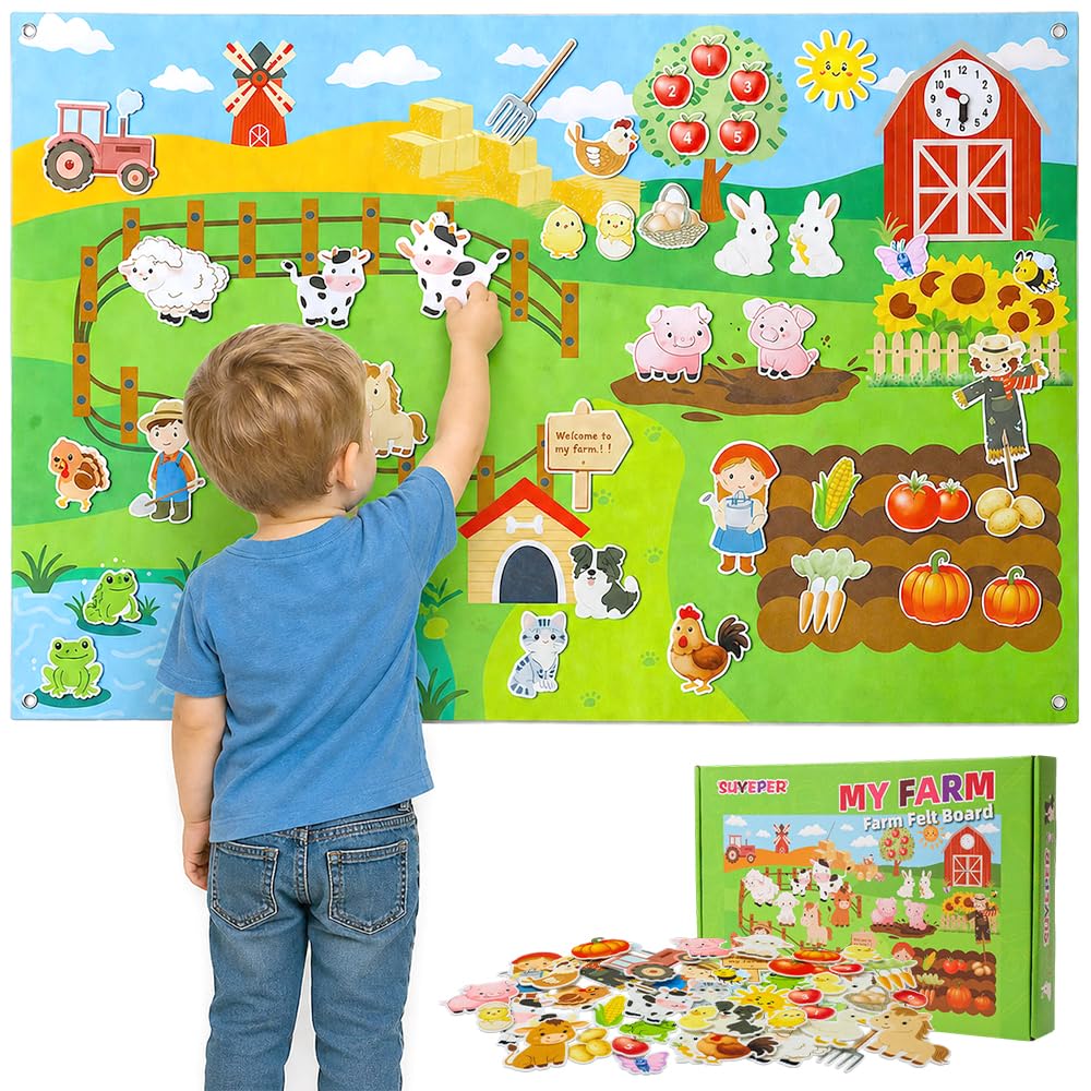 SUYEPER Farm Felt Story Board Set with 44pcs Animal Figures and Clock Number Learning Children's Story Set Storytelling Early Education Learning Board, Preschool Wall-mountable.