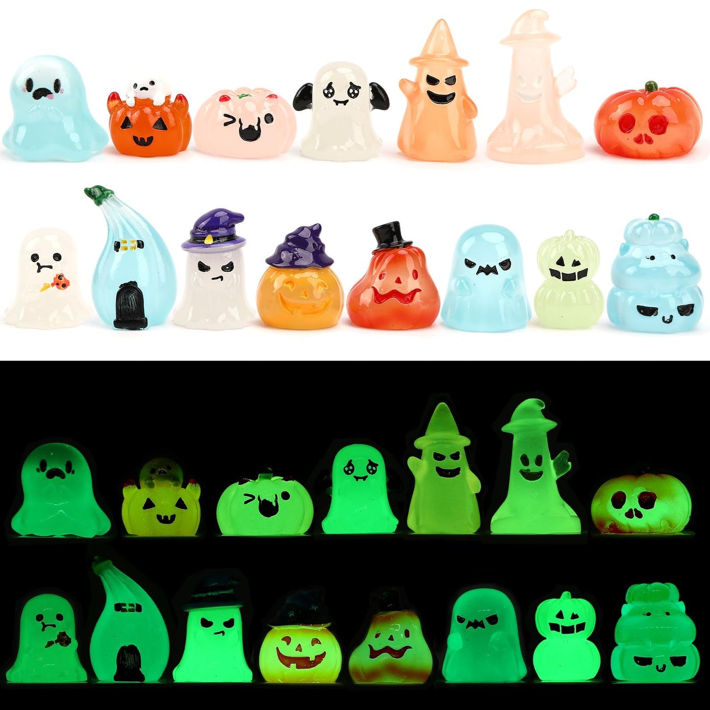Jansun 45pcs Halloween Luminous Mini Resin Figurines, Glow in The Dark Pumpkin Ghosts Decorations for DIY Crafts Halloween Party Gifts Garden Dollhouse Decor Table Decoration(15 Style)