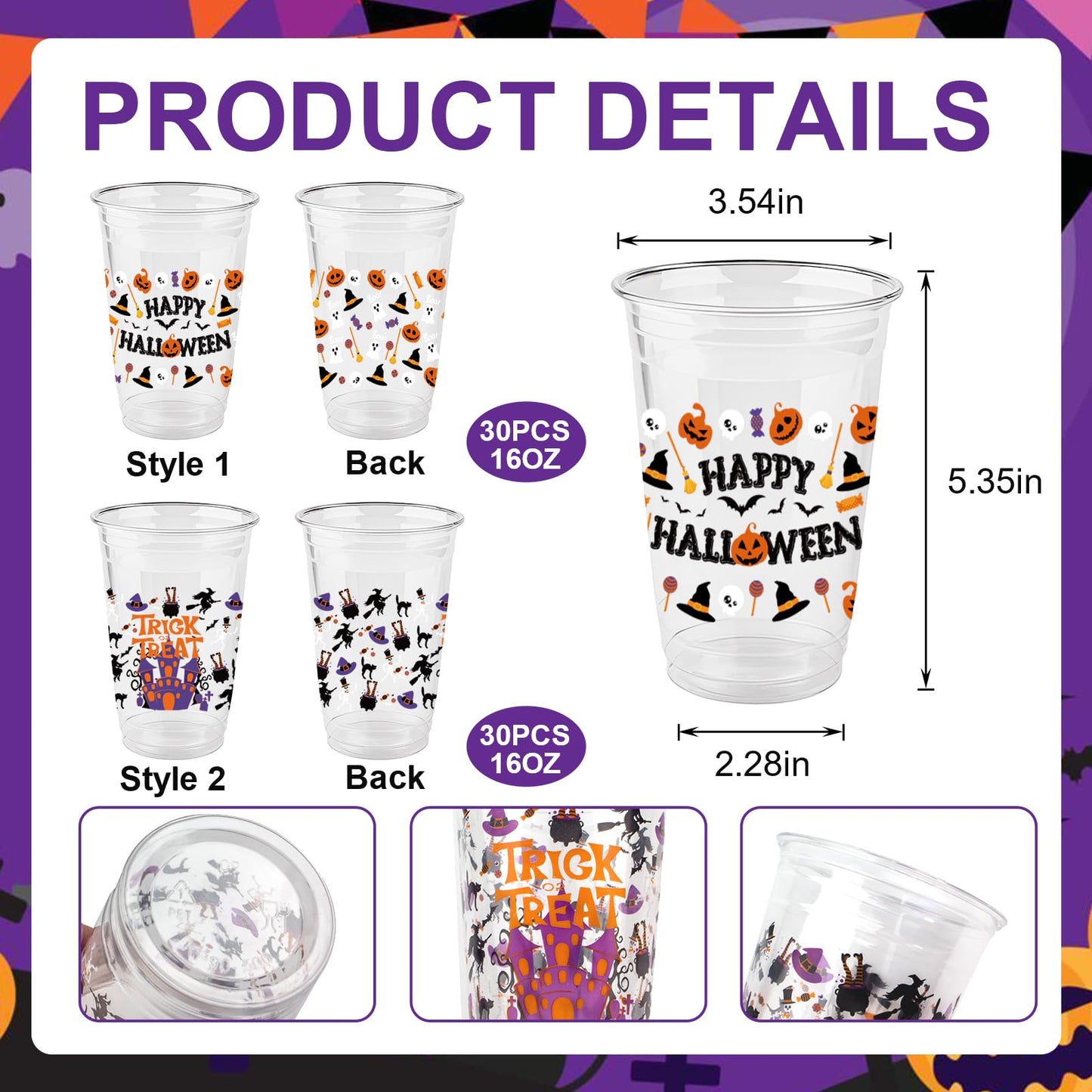 60PCS 16oz Halloween Cups – Disposable Plastic Happy Halloween and Trick or Treat Cups with 2 Unique Designs for Party Supplies, and Drinks