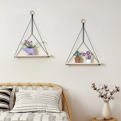 HVEST Macrame Wall Hanging Shelf Set of 2, Black Geometric Macrame Wall Art Wooden Floating Hanging Shelf Black Woven Decor Plant Hanger Handmade Woven Tapestry for Bedroom Living Room Home Decor