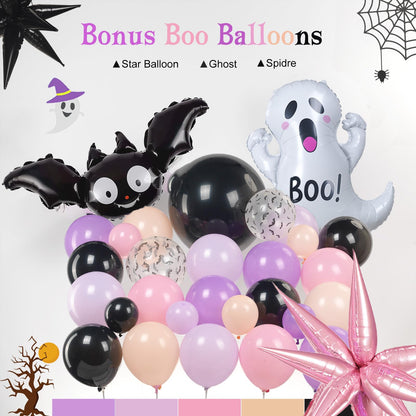 Summerween Pink purple black Balloon Garland Arch Kit 122Pcs with Cute Bat Ghost mylar foil Balloons for Girls Two spooky Halloween Birthday Baby Shower Party Decorations Horror BOO Day Party Supplies