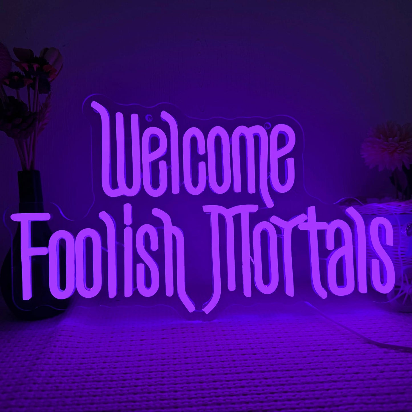 Welcome Foolish Mortals Neon Sign, Anime Fans Neon Light Spooky Gothic Haunted Mansion LED Coffin Decor USB Powered, for Horror Party Haunted House Man Cave Home Room Themed Bars(16.1 * 9.4 In)