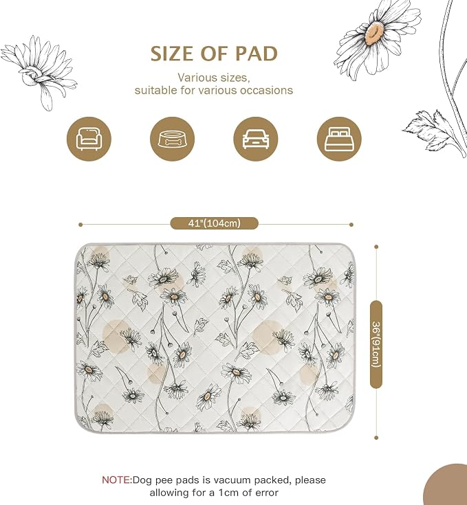IEUUMLER Washable Pee Pads for Dogs, 2 Pack Non-Slip & Waterproof Pack Whelping Pad, Reusable Washable Puppy Potty Training Pad with Fast Absorbent for Playpen EU007 (Beige Daisy, 36"X41"-2pcs)