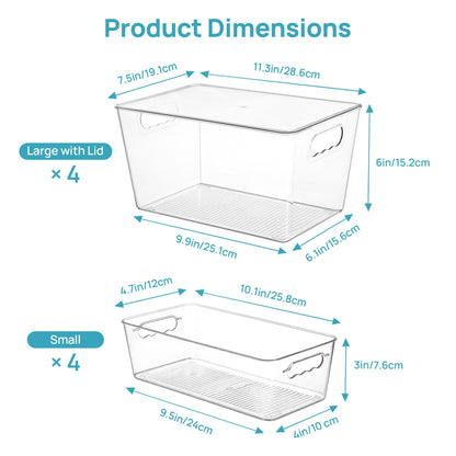 Vtopmart 8 Pack Clear Plastic Storage Bins with Lid Set, 4 Large and 4 Small Pantry Organizers and Storage Bins with Handle, Storage Containers for Pantry, Kitchen, Fridge, Cabinet Organization