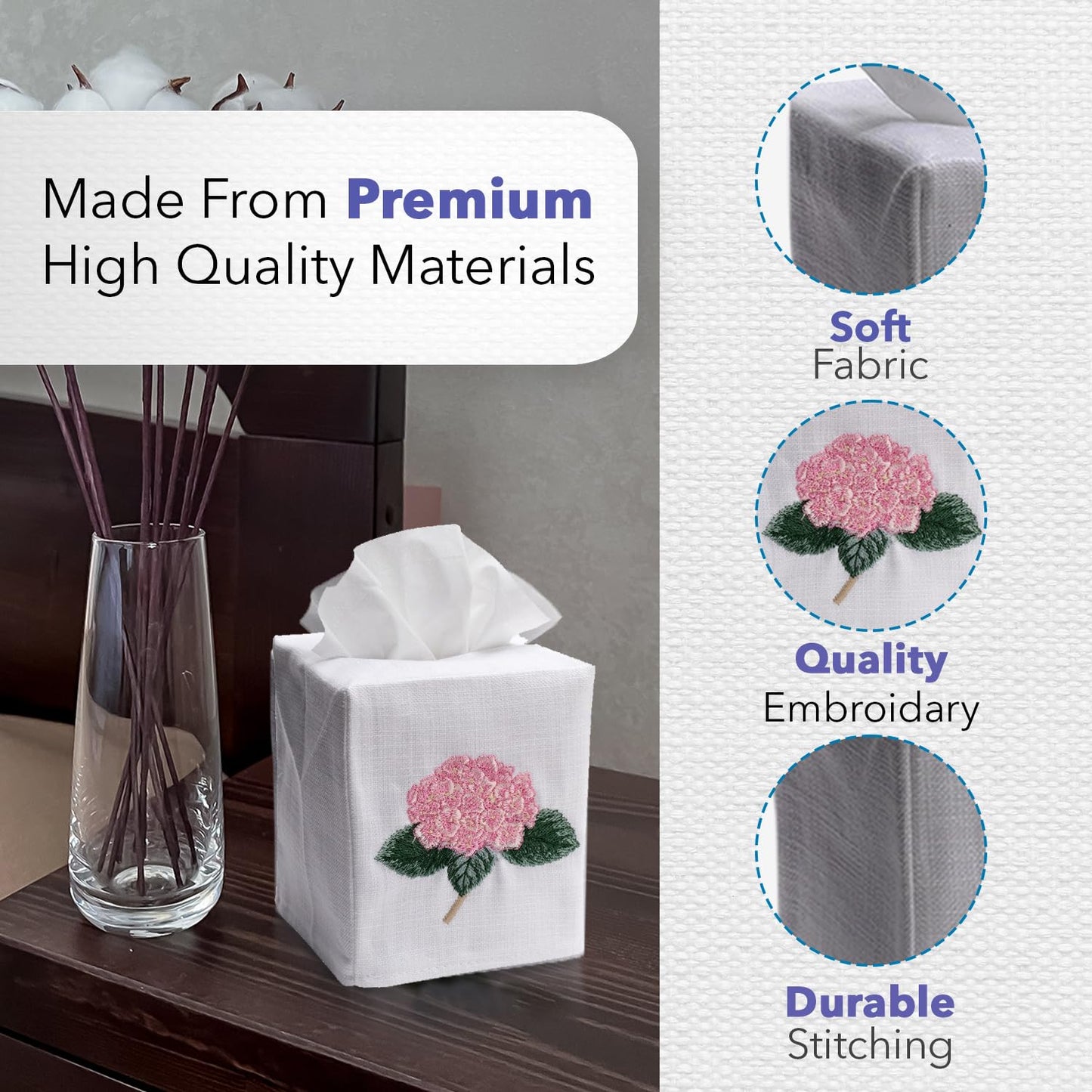Jacaranda Living Square Tissue Box Cover, Linen/Cotton Fabric Tissue Holder, Decorative Cloth Tissue Cube Cover, Animal Designs Feathered Peacock (Turquoise, Pewter)
