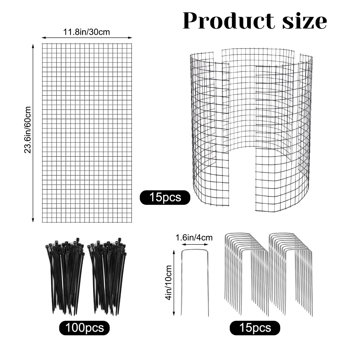 15 Pcs Large Wire Plant Protector from Animals, 5 Pack 24" H X 12" Dia Metal Plant Cage Chicken Wire Cloche with Ground Stakes and Nylon Tie to Keep Animals Out, Garden Protection Bunny Barricade
