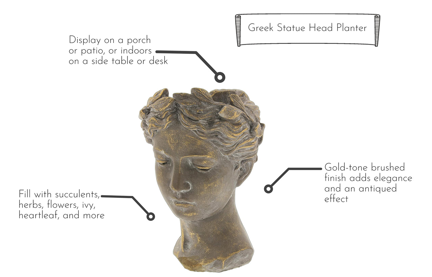 Lucky Winner Greek/Roman Style Female Statue Head Cement Planter - Unique Planter Pot for Indoor Outdoor Home Garden Decor (10.5")