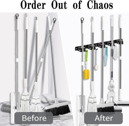 AceMining 5 Racks and 4 Hooks Mop and Broom Holder Wall Mount, Broom Organizer Storage Tool Racks Stainless Steel Heavy Duty Hooks Self Adhesive Solid Non-slip for Home Kitchen Garden Laundry Garage