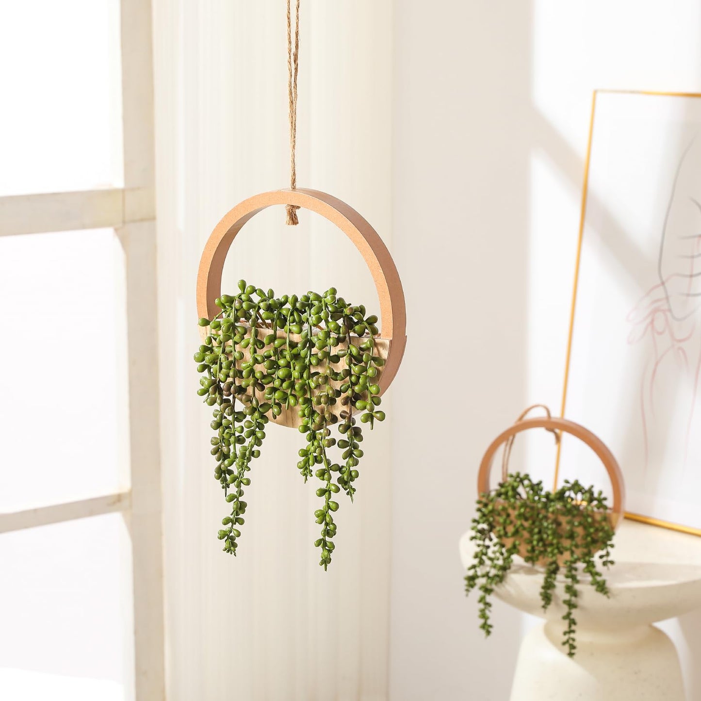 JUSTOYOU 2pcs Fake Hanging Plants Artificial Succulents Wooden Hanging Planter Artificial String of Pearls with Pot and Lanyard for Living Room Bathroom Indoor Outdoor Boho Wall Decor