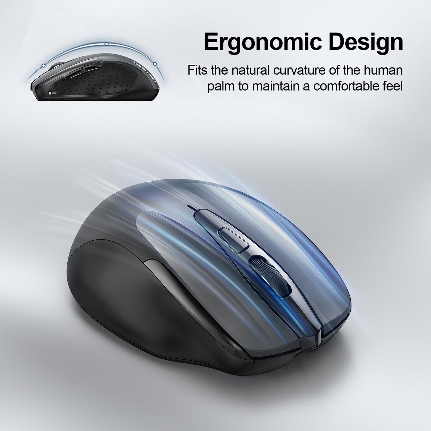 TECKNET Wireless Mouse (BT5.0/3.0 & 2.4G) Rechargeable 4800 DPI Silent USB A & Bluetooth Mouse 6 Buttons, Wide Compatibility - Grey