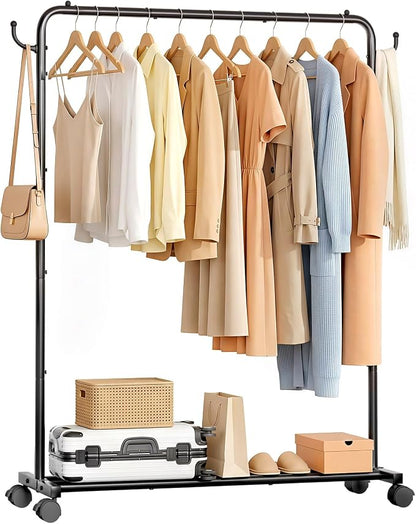 Homde Heavy Duty Clothes Rack: 120lb Standing Garment Storage for Indoor - Rolling Hanging Rod for Bedroom Laundry Room - Coat Dress Organizer on Wheels with luggage shelf (Black, 46.5")