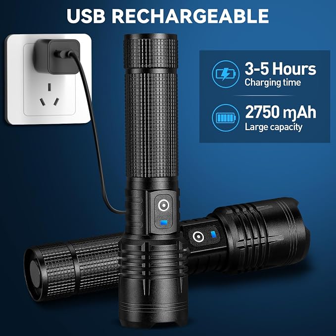 Kmivo Rechargeable LED Flashlight, 100,000 High Lumens Super Bright Tactical Flashlight, 5 Modes Adjustable Focus, Waterproof Powerful Handheld Flash Light for Camping Home Emergency (2 Pack)