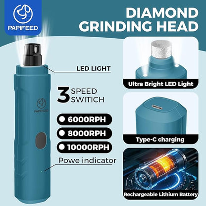 PAPIFEED Dog Nail Grinder with LED Light, Ultra Quiet 3-Speed Electric Nail File for Small Medium Large Dogs & Cats, Rechargeable Pet Nail Grinder Set with Nail Trimmer (Blue Kit)